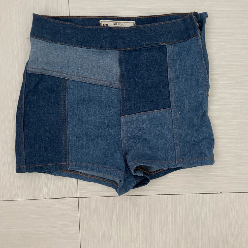 Free People Patchwork Denim Jean Shorts in Multi-Blue 1970s